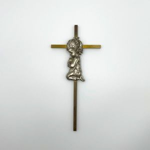 Cross And Praying Little Girl Brass Two Tone Vintage